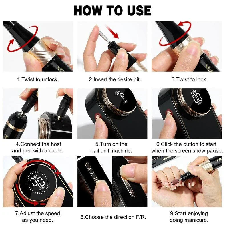 Professional-Grade Cordless Nail Drill Machine with 40,000 RPM Speed and HD Display for Salon-Quality Nail Care