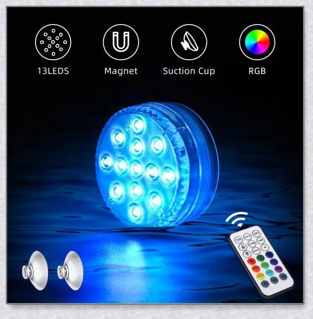Submersible colour-changing LED pool lights with magnetic and suction cup mounting for easy installation