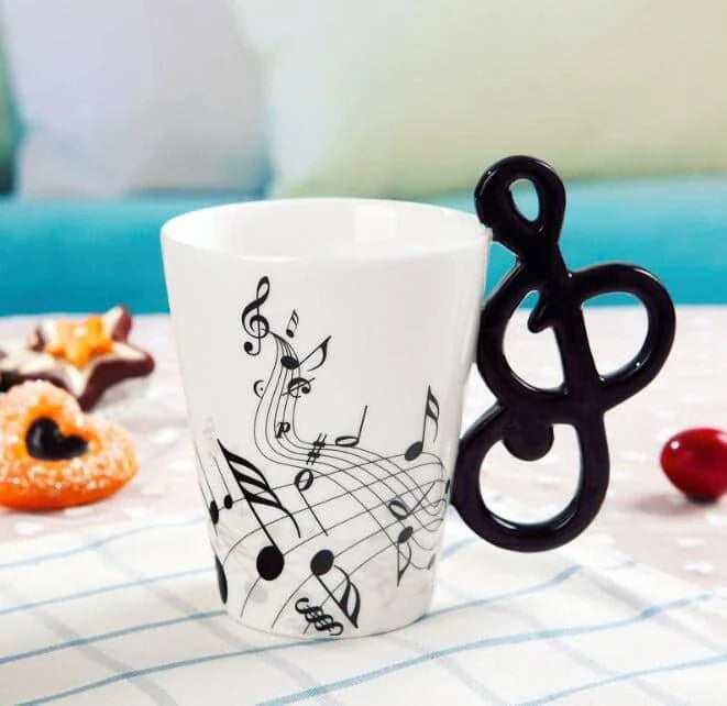 Premium eco-friendly ceramic mug with unique musical instrument-themed designs, a charming and sustainable addition to any kitchen.