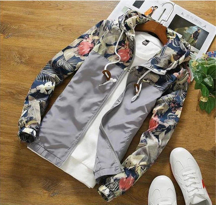 Men's slim-fit hooded jacket with camouflage print, zippered pocket, and premium chemical fibre blend fabric