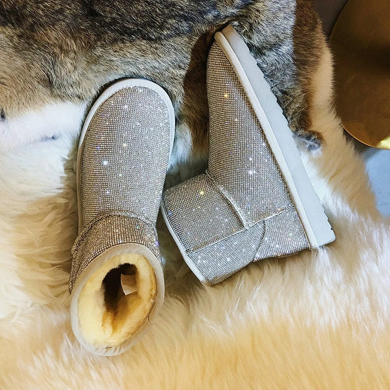 Premium rhinestone-embellished ankle boots for women, featuring a shimmering upper and durable rubber sole for winter wear
