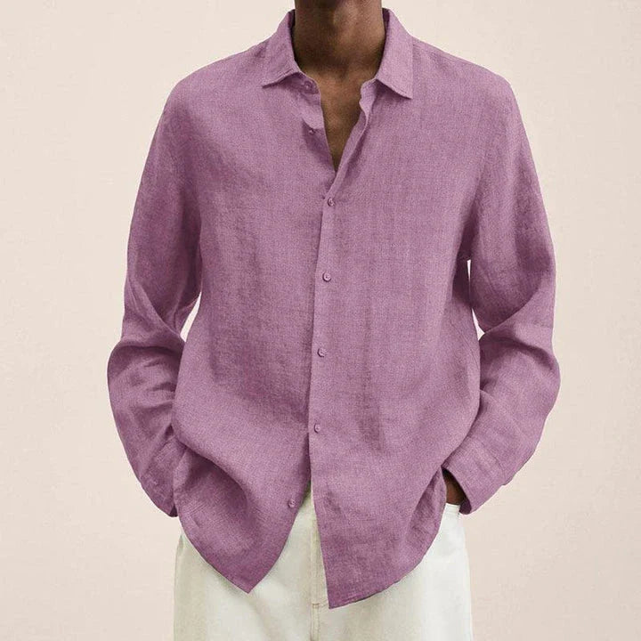 Stylish men's oversized button-up cardigan shirt in a classic solid colour, featuring a relaxed fit and sophisticated lapel collar design.