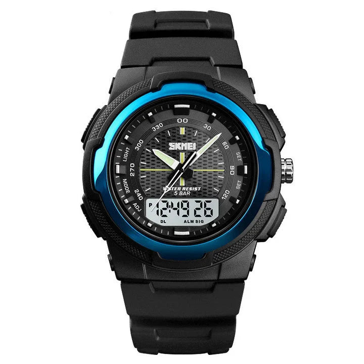 A stylish men's electronic watch with a dual display and a durable rubber strap