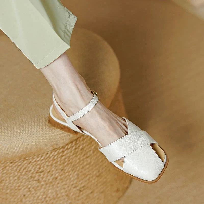 Stylish and comfortable low-heel leather sandals in green, perfect for summer wear