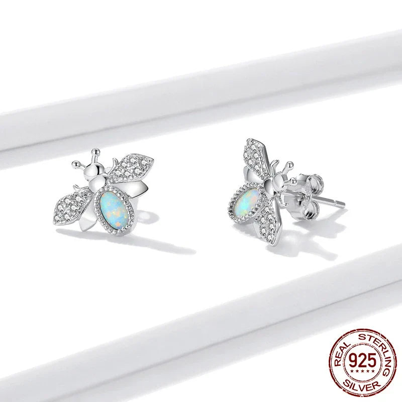 Charming Bee Stud Earrings with 925 sterling silver, white gold plating, and sparkling zircon and opal accents