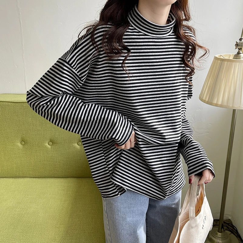 Premium half-high neck striped long-sleeve t-shirt in grey and black, made with high-quality British cotton for ultimate comfort and style.