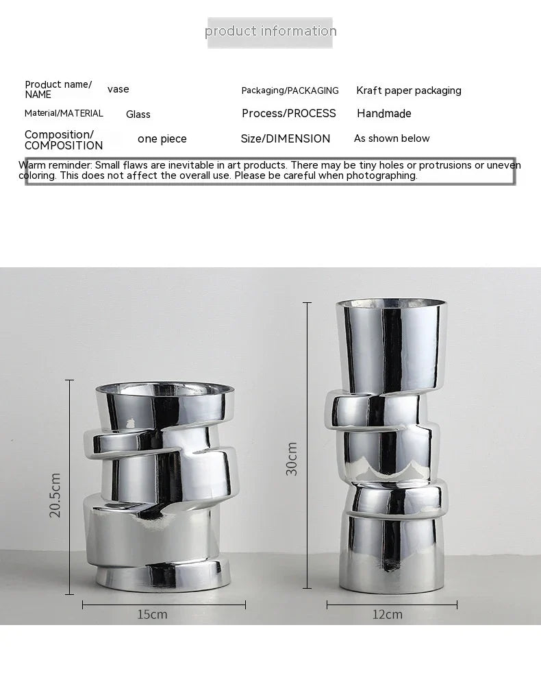 Electroplated silver glass vase with a modern, geometric design for home decor