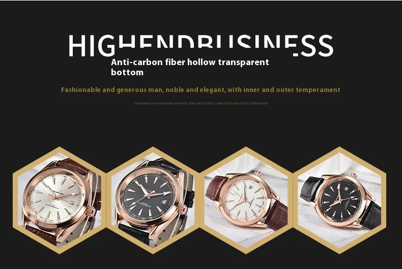 Sophisticated automatic mechanical watch with a sleek blackboard face, transparent case back, and steel strap for discerning gentlemen