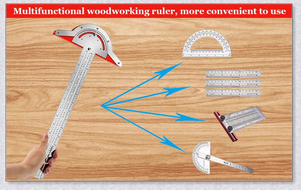 Precision Woodworkers Edge Ruler with adjustable angle, spring-loaded indexing system, and etched laser scale for accurate measurements in woodworking projects.