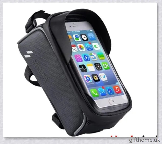 Premium waterproof bicycle handlebar bag with touch screen access, made of durable nylon and TPU carbon fabric for weather protection and convenient device control.