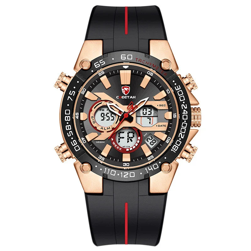 Multifunctional men's waterproof quartz watch with stainless steel case and silicone strap in rose gold black colour