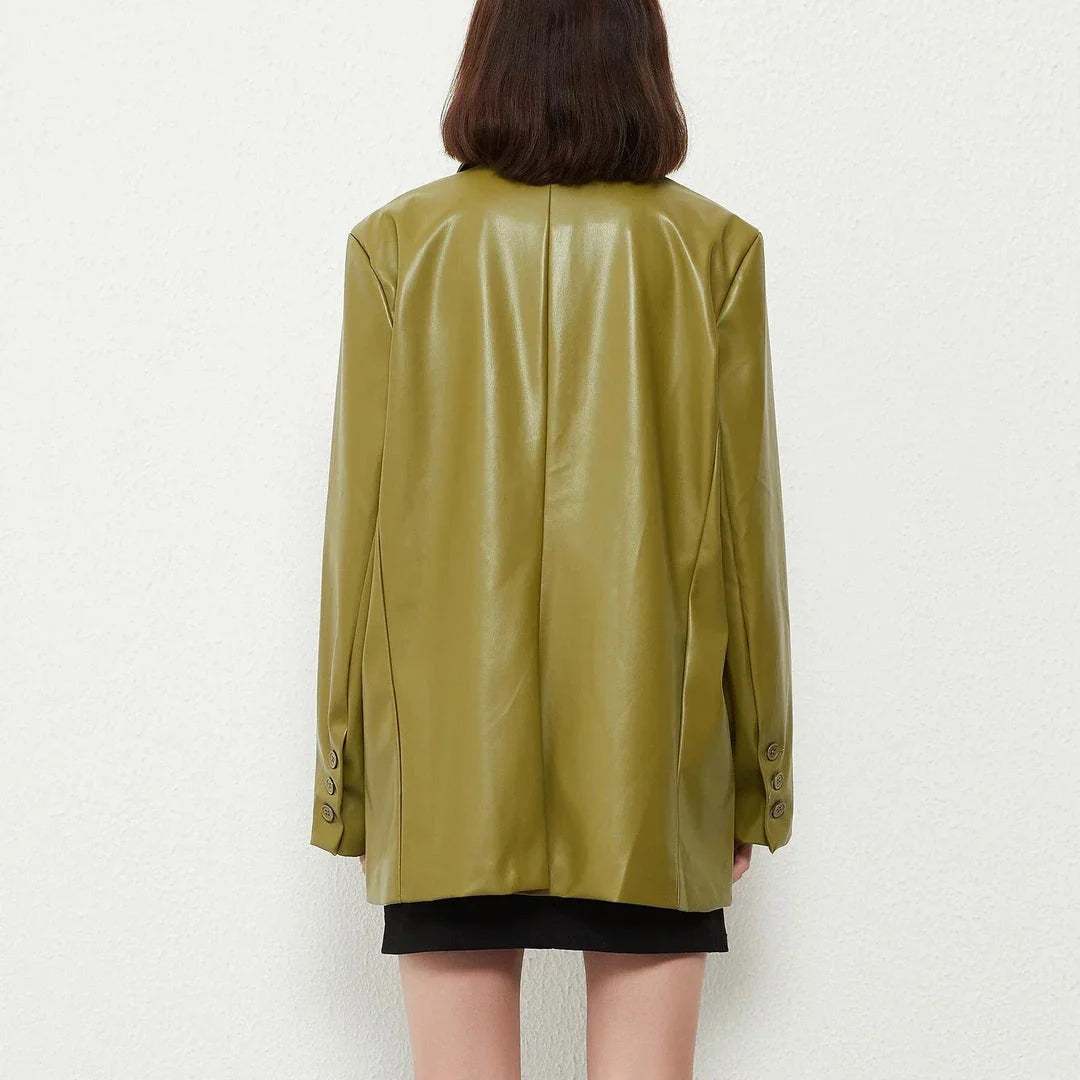 A vintage green single-breasted leather blazer jacket with a turn-down collar and regular sleeves, made from durable polyester material.