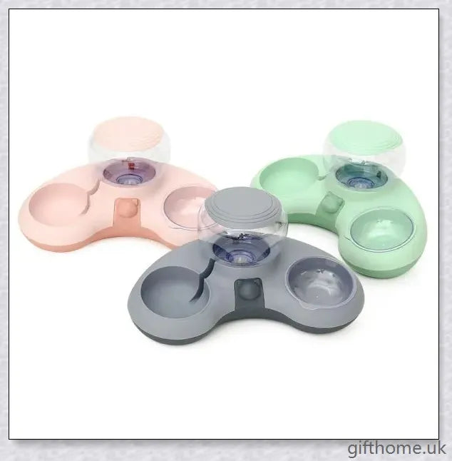 Automatic pet feeding and drinking bowl with crescent-shaped design, available in grey, powder, and green colours