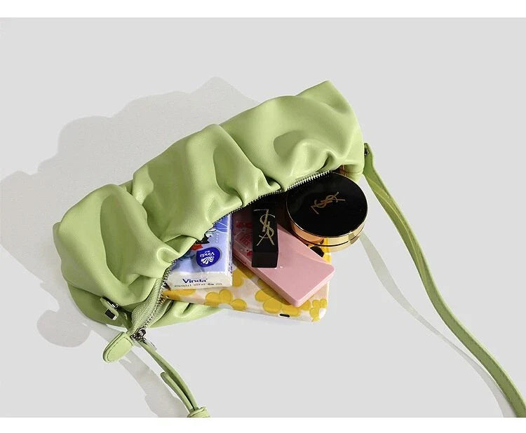 Pleated fashion one-shoulder diagonal handbag in various colours including white, yellow, green, black, and light blue