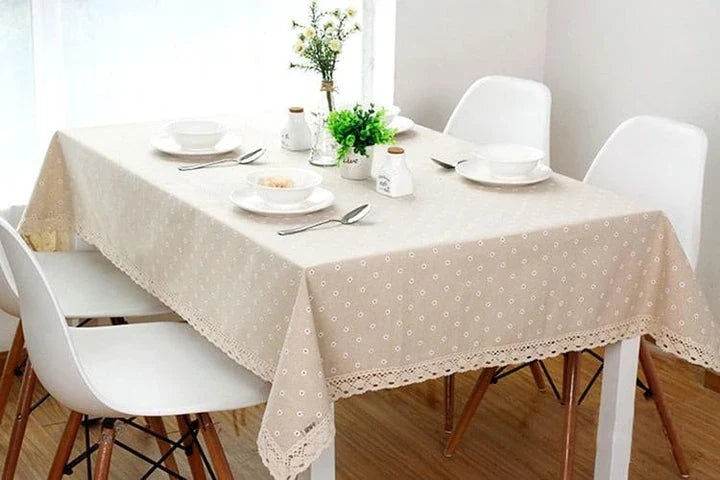 Elegant floral linen tablecloths in various sizes, perfect for dining and entertaining in the British style.
