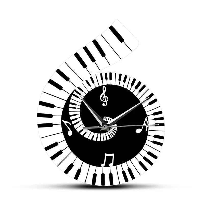Decorative wall clock with treble clef and piano keyboard design in black and white