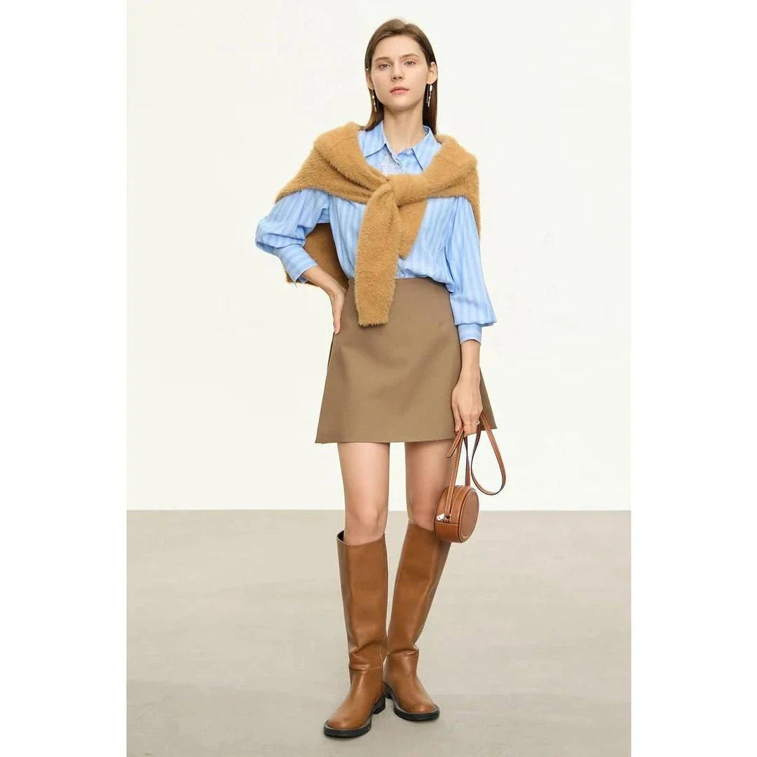 Autumn/Winter High Waist Casual Shorts Skirt in Coffee colour, featuring a flattering A-line silhouette and chic tiered zipper detail
