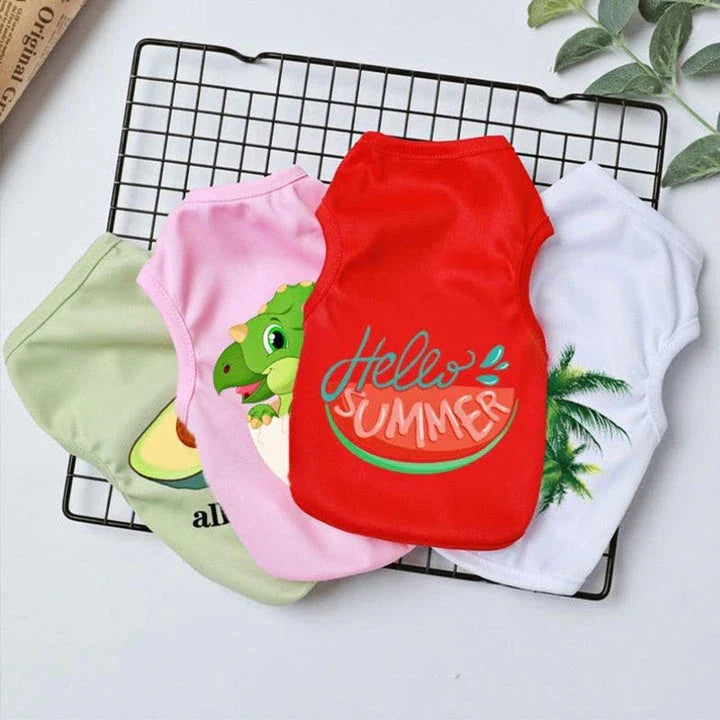 A vibrant, cat-themed t-shirt with a playful design, perfect for keeping your feline friend cool and stylish during the summer months.
