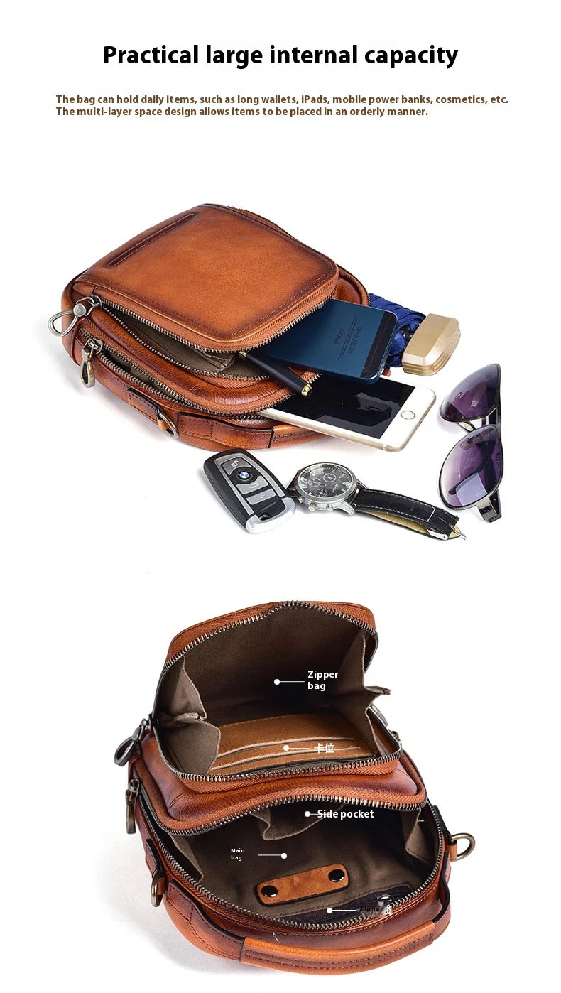 Premium retro leather messenger bag with spacious main compartment, side pockets, and robust handle for comfortable carrying