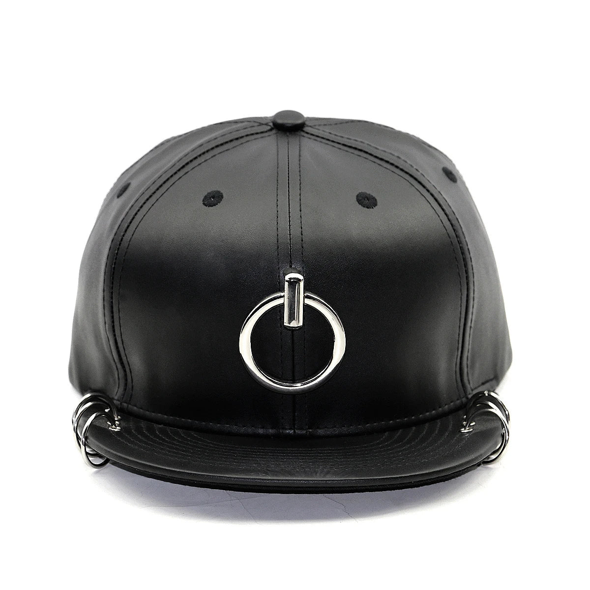 A stylish black flat-brimmed cap with a Korean-inspired design, featuring an adjustable elastic band for a comfortable fit.