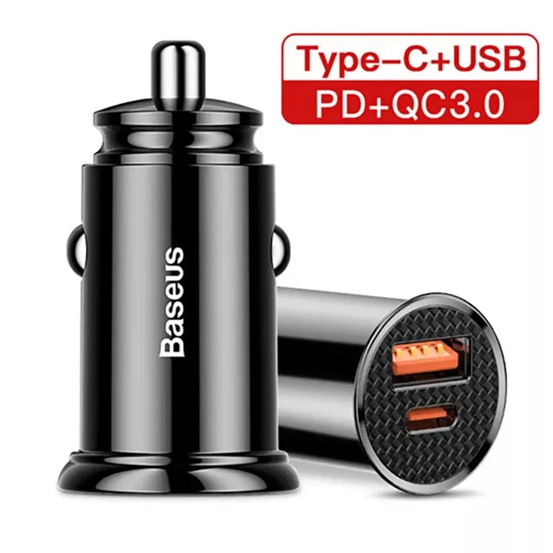 High-Performance 30W Dual-Port Fast Car Charger with USB and USB-C ports for lightning-fast charging on the go