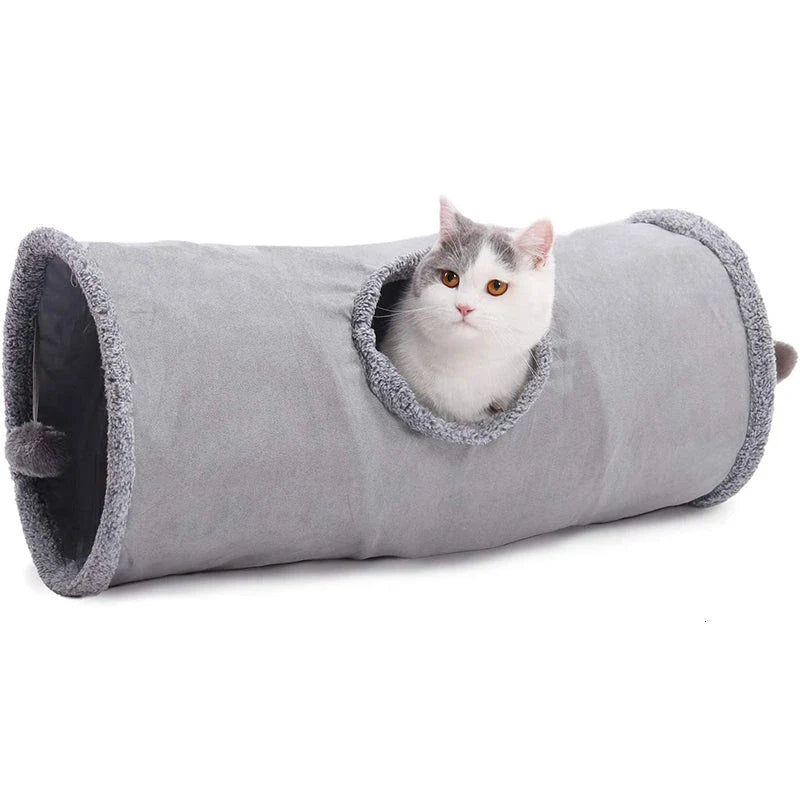 A collapsible cat tunnel made of crinkle suede with a peek-a-boo hole and dangling ball, providing a stimulating and entertaining play experience for cats.