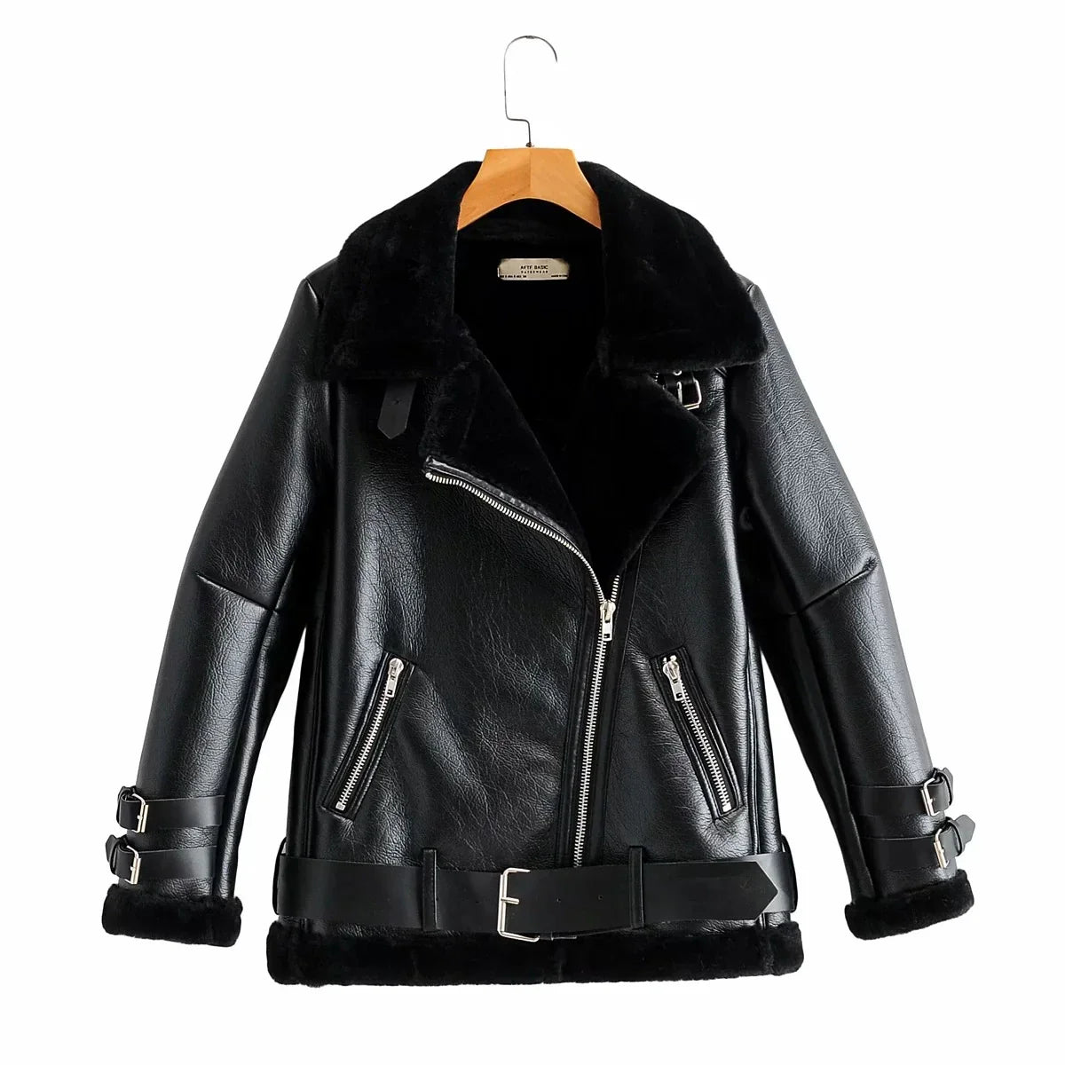 Warm faux leather jacket with plush faux fur lining, available in classic British colours for autumn and winter wear.
