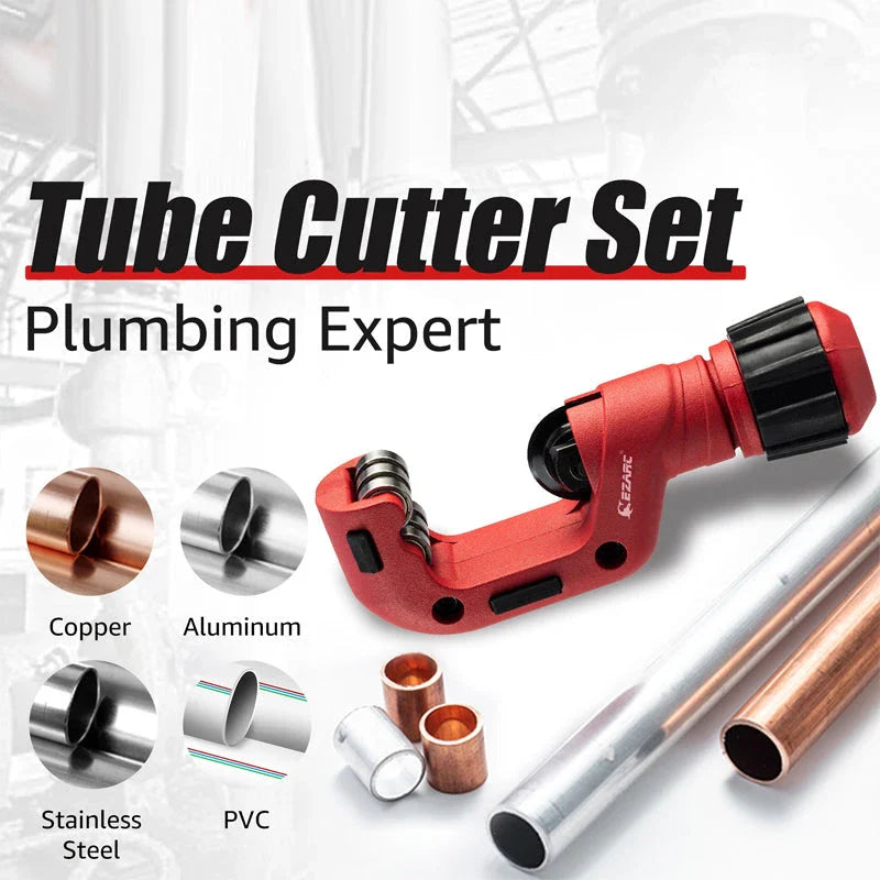 A heavy-duty pipe cutter with a red aluminium alloy body and a steel cutting wheel, designed for precise and effortless pipe cutting in plumbing, electrical, and DIY projects.
