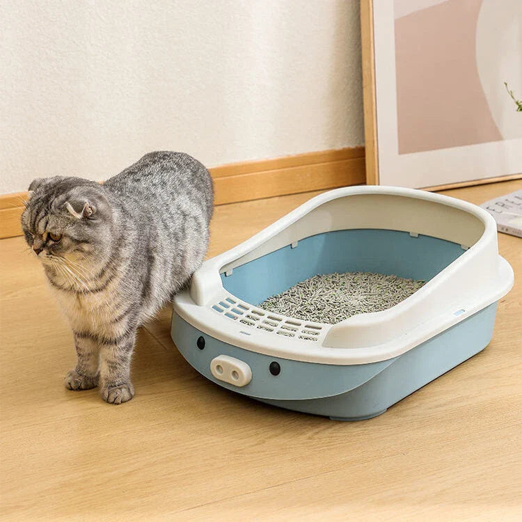 Oversized semi-enclosed cat litter box in Haze Blue colour, featuring high sides and covered top for enhanced privacy and litter containment