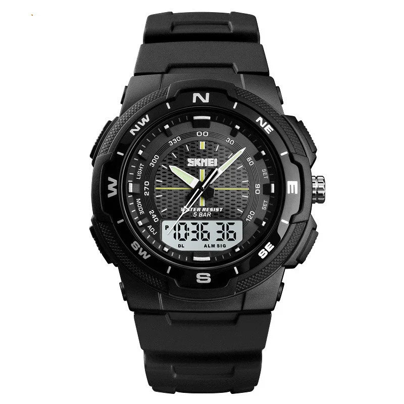 A stylish men's electronic watch with a dual display and a durable rubber strap