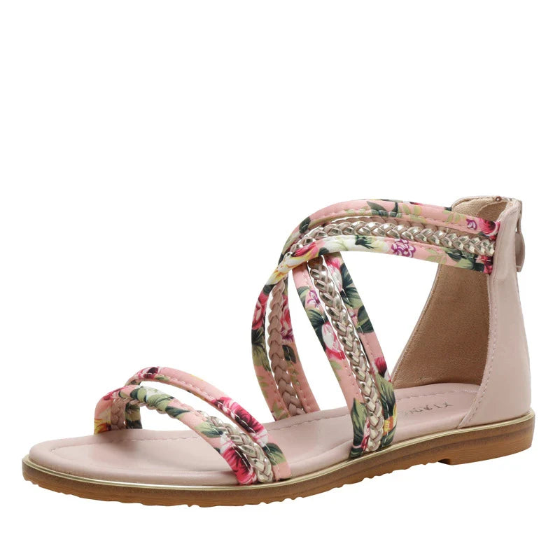 Stylish non-slip Roman sandals with open toe and floral cloth upper, available in black, pink, and apricot colours