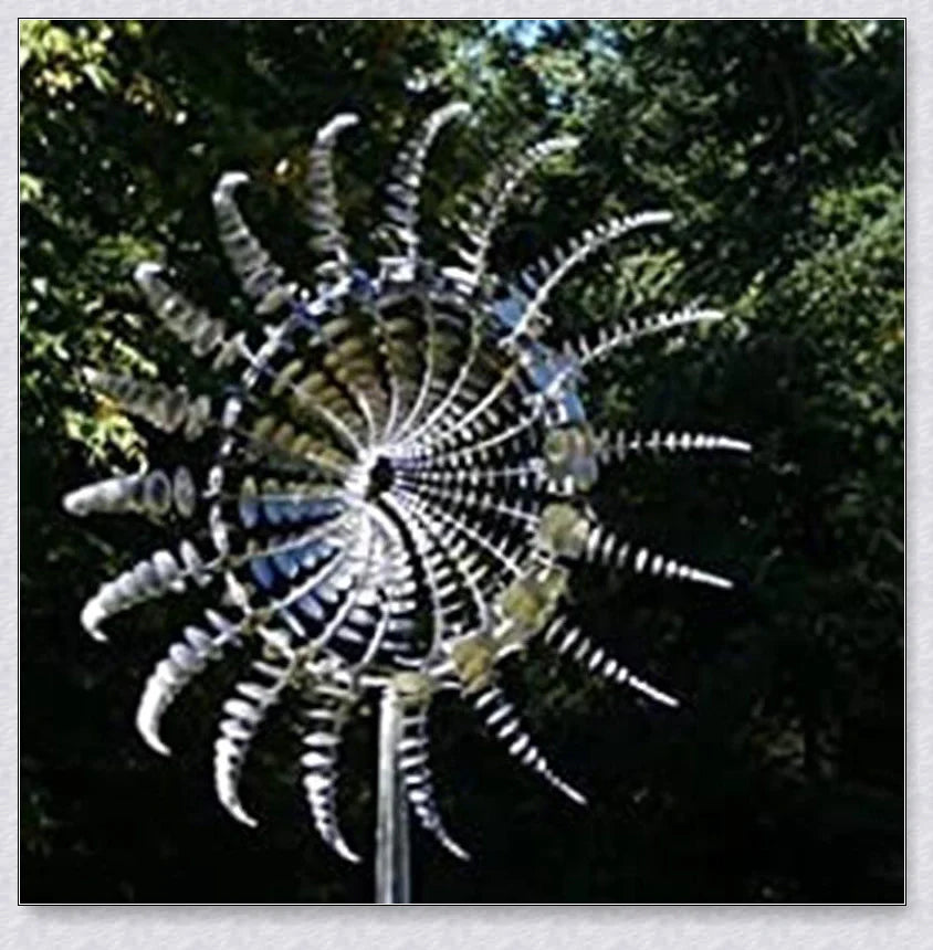 Elegant wind-powered kinetic sculpture with dual-motion blades and metallic construction, creating a mesmerizing visual display in any outdoor setting
