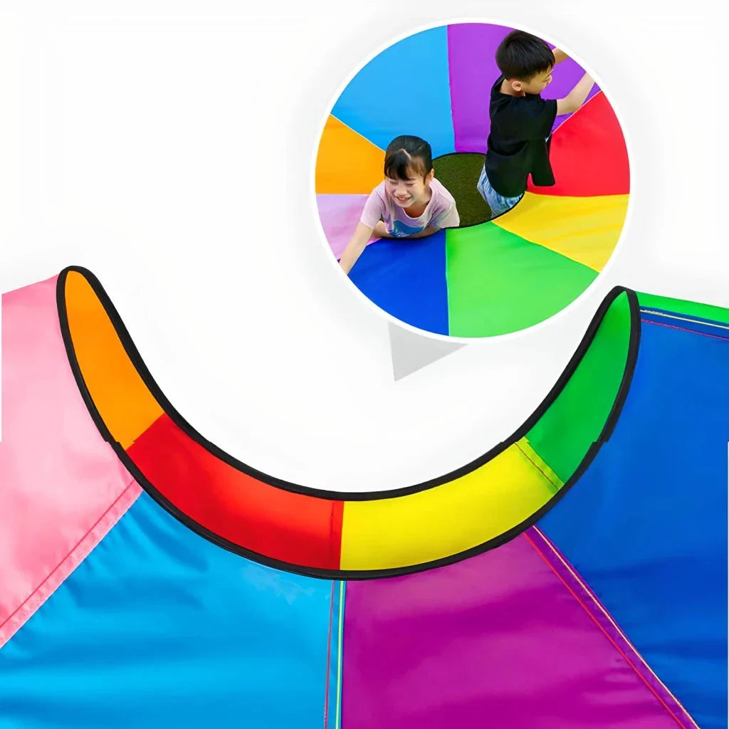 Vibrant rainbow-coloured parachute umbrella game for outdoor group activities and events