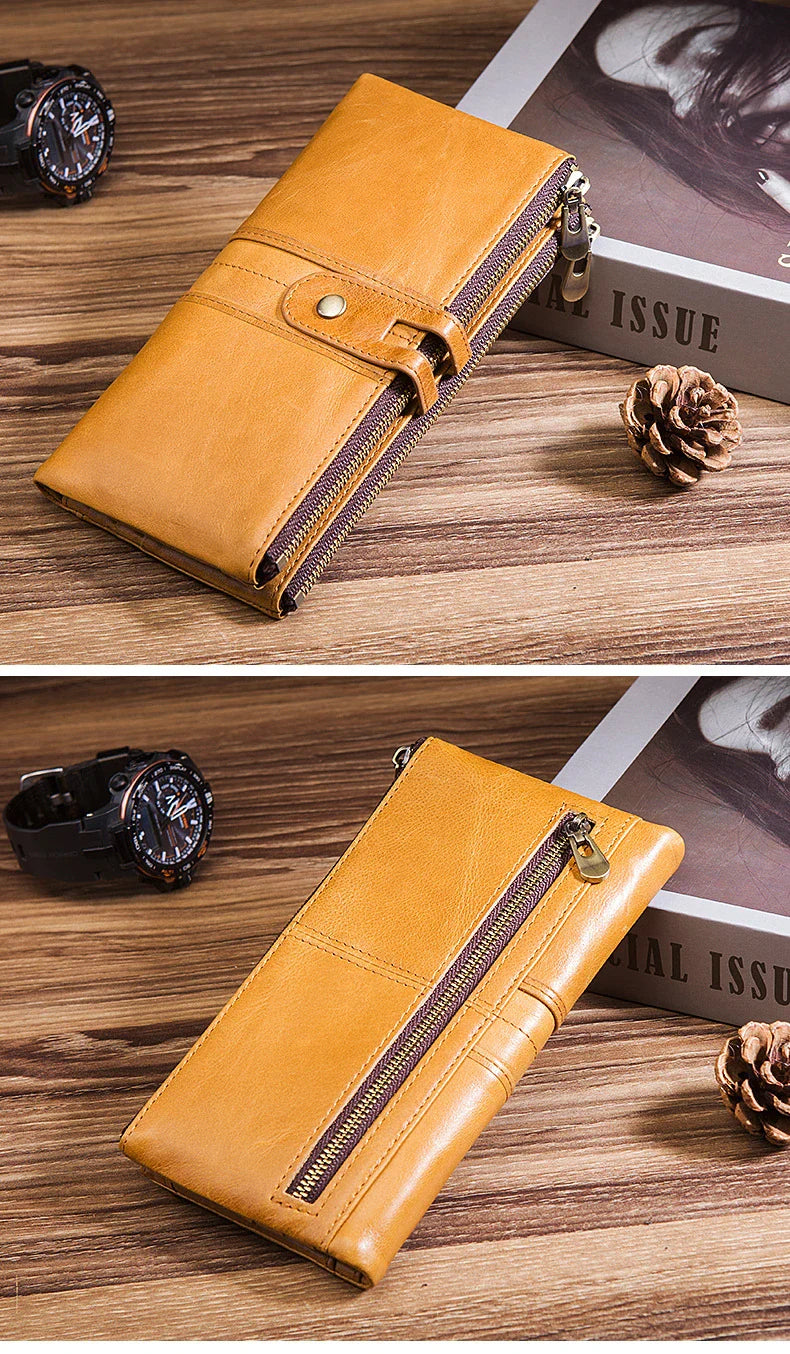 Trendha Premium Cowhide Leather Wallet with Multiple Card Slots and Secure Zipper Compartment