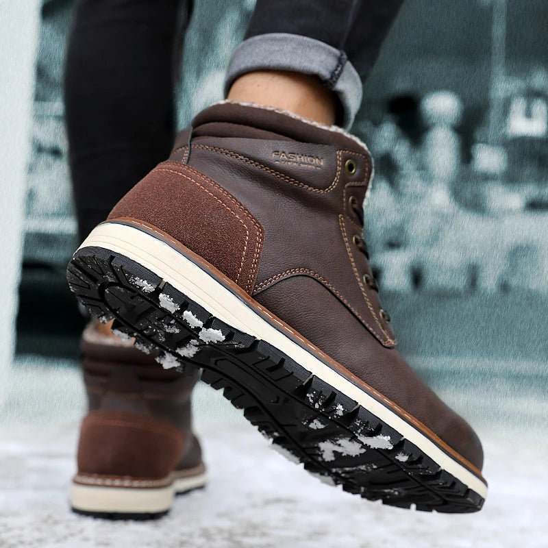 A pair of warm, comfortable men's winter boots with a plush lining and lace-up design, suitable for cold weather wear.