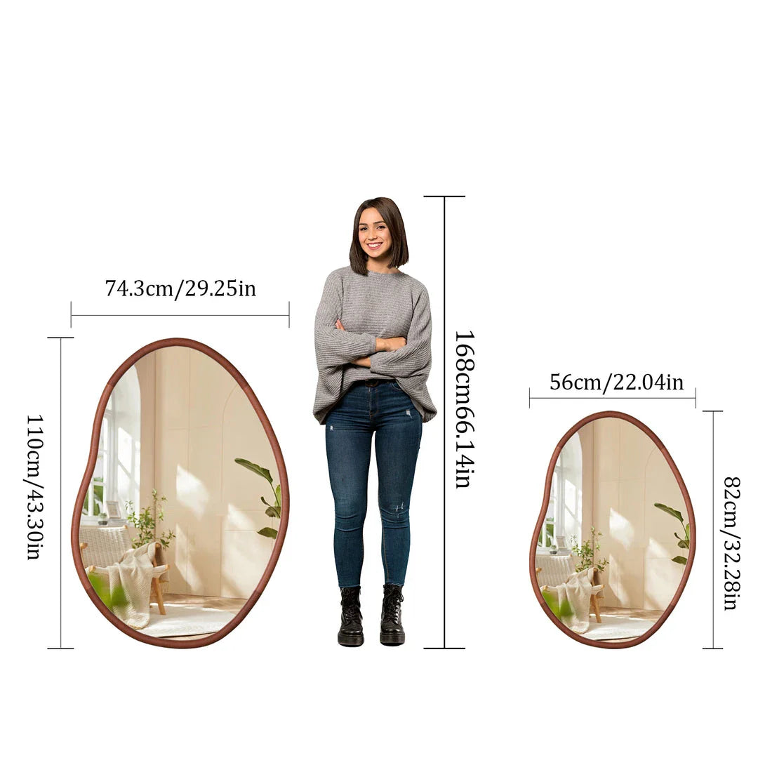Stylish mid-century asymmetric decorative wall mirror with solid beech wood frame, adding visual interest and reflecting light to create a brighter, more open living space.