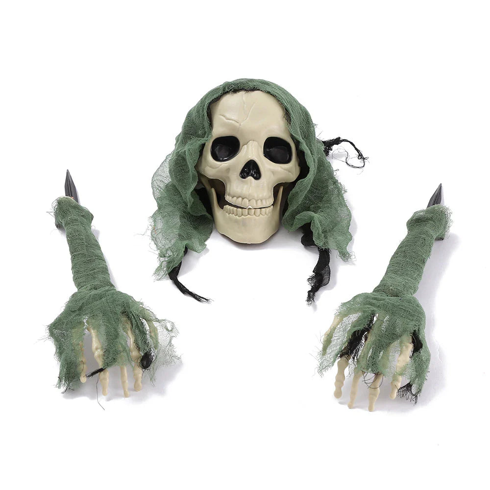 Three decorative plastic skull figures in green, red, and grey colours, perfect for Halloween home decor