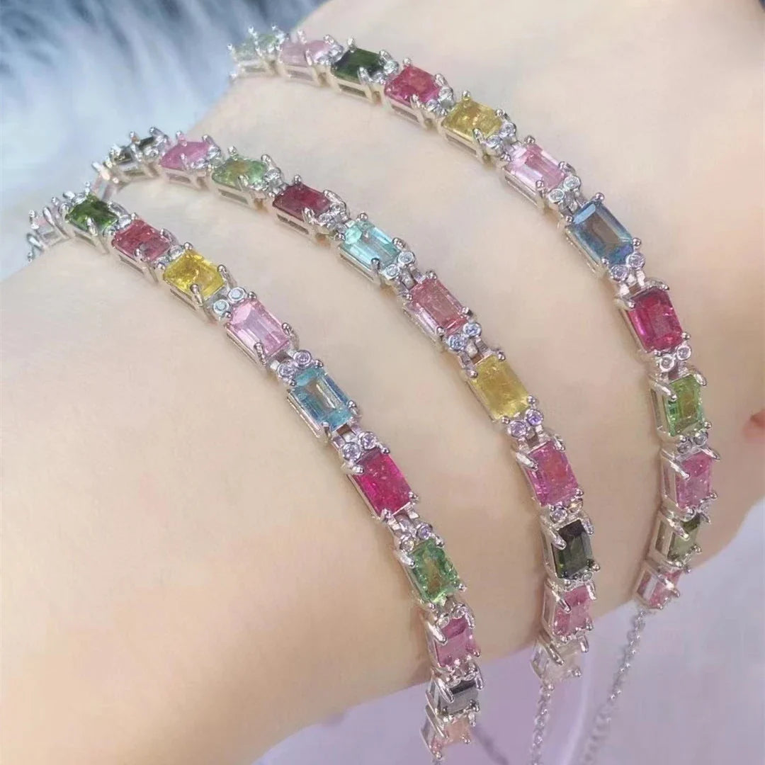 12-piece natural tourmaline bracelet with a geometric design and fire-like colours