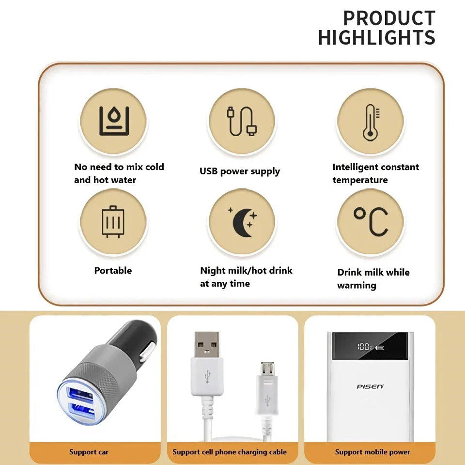 Portable USB Baby Bottle Warmer and Insulated Bag in purple, with a USB charging cable and temperature control settings