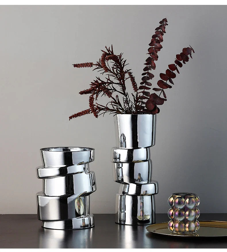 Electroplated silver glass vase with a modern, geometric design for home decor