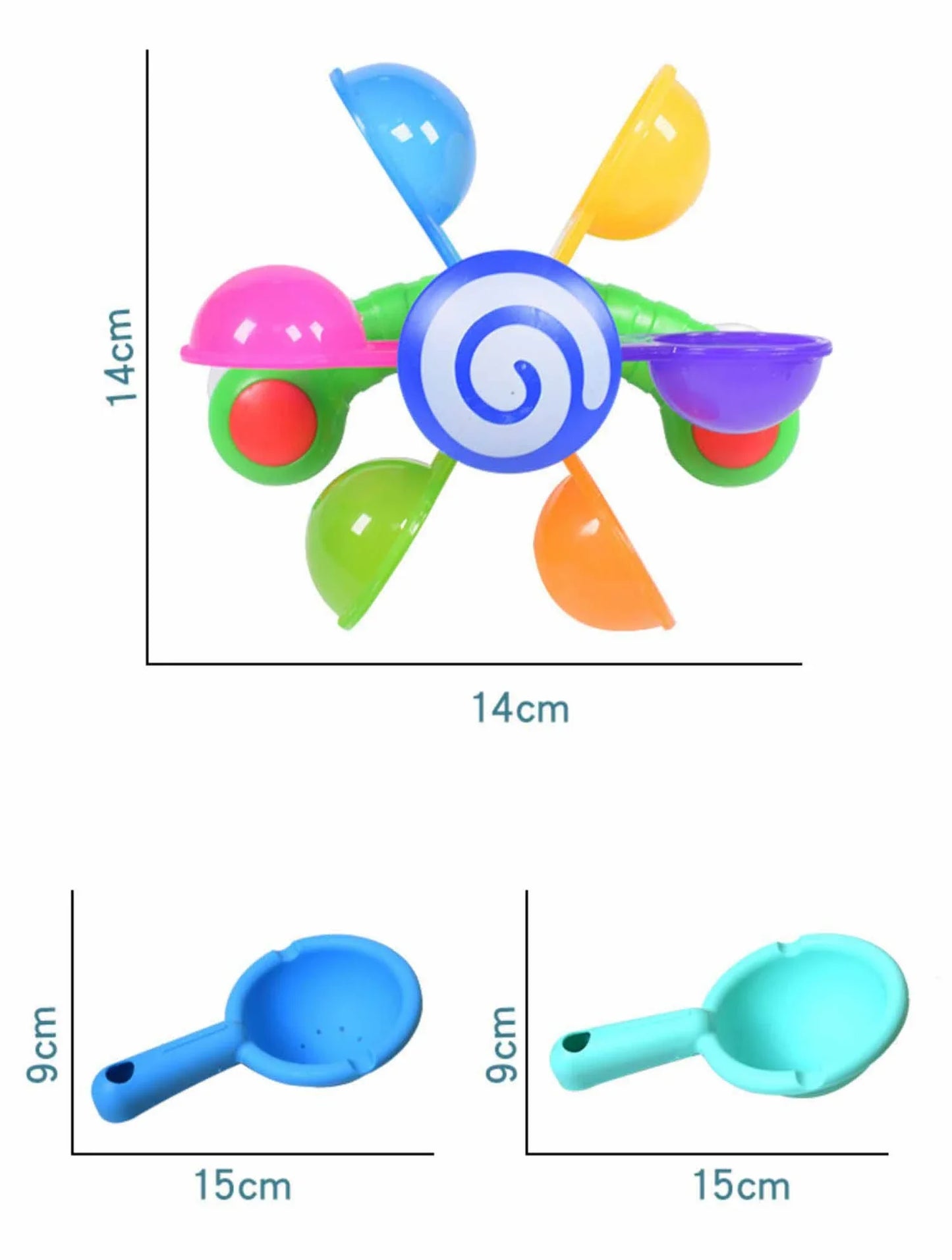 Colourful children's bath toy with a turning windmill and spoon for imaginative water play