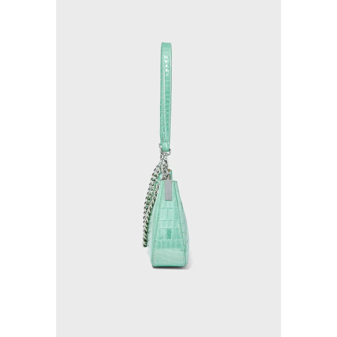 Luxurious alligator-embossed leather shoulder bag with chain accent and stylish lock embellishment