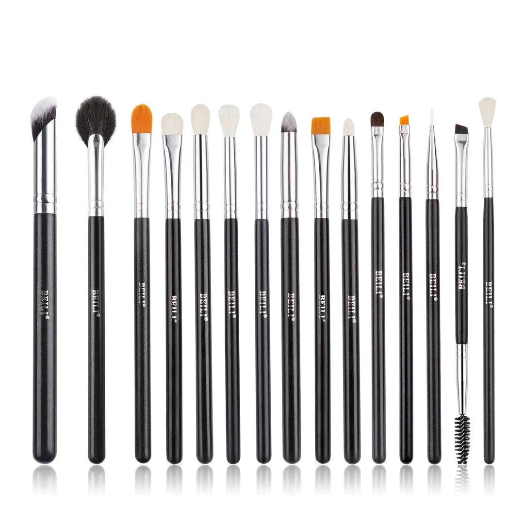 Set of 15 professional eye makeup brushes in a sleek black design, including brushes for brows, lashes, eyeliner, and eyeshadow blending.