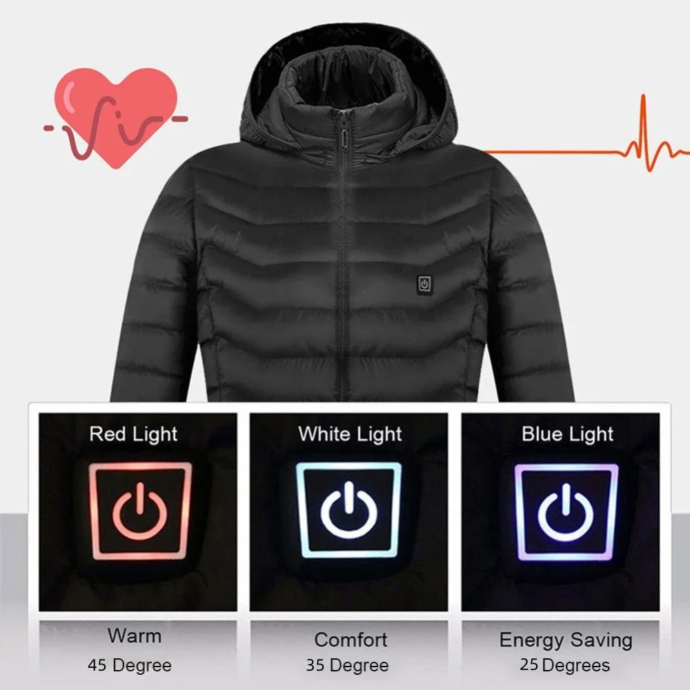A stylish heated jacket with a removable hood, designed for warmth and comfort in chilly British weather.