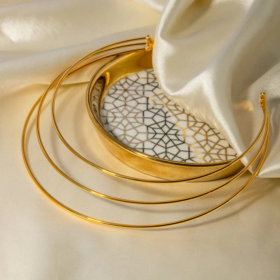 Elegant 18K gold-plated stainless steel necklace with a three-layer collar design, perfect for parties, anniversaries, and weddings