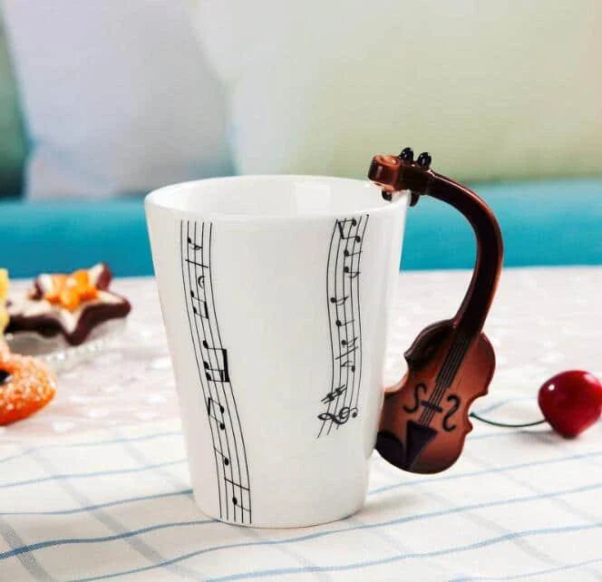 Premium eco-friendly ceramic mug with unique musical instrument-themed designs, a charming and sustainable addition to any kitchen.