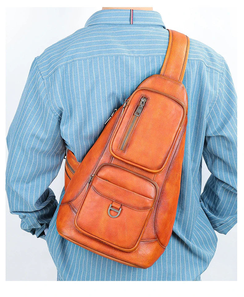 Premium first-layer cowhide chest bag with stylish skeleton skin detailing, suitable for men's everyday use and travel