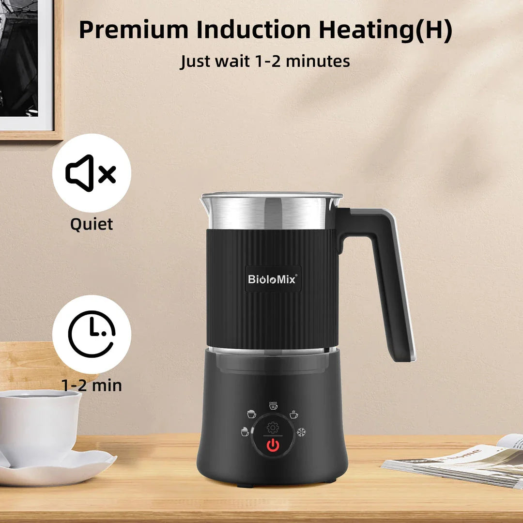 Detachable 5-in-1 Milk Frother and Steamer with stainless steel body and black finish