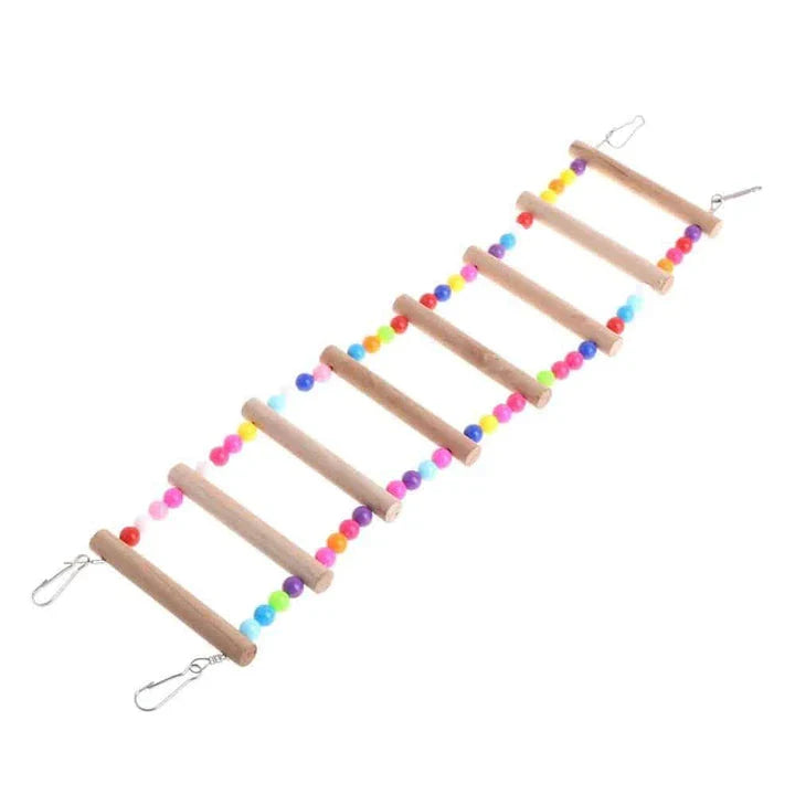 Sturdy wooden rainbow ladder with two hanging hooks, designed as a colourful climbing toy for pet birds