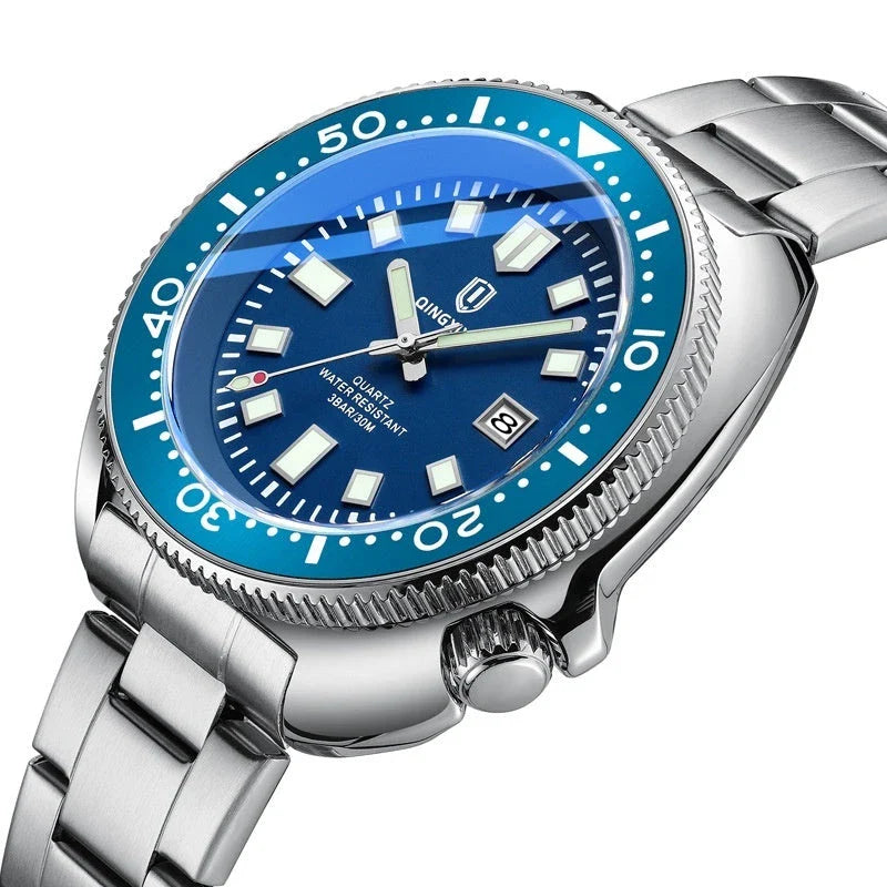 Trendha Quartz Watch with Stainless Steel Strap and Luminous Dial in Black and Blue Colours